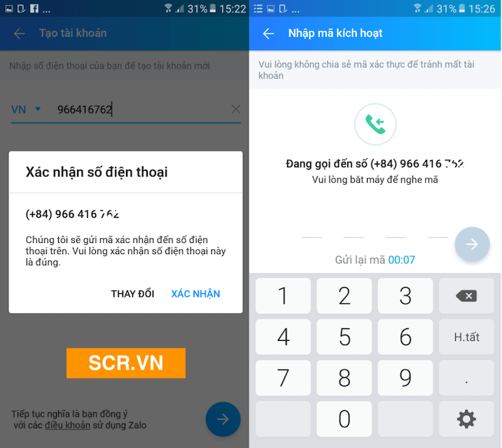 Kích hoạt Zalo bằng cuộc gọi