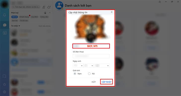 Bấm Cập nhật tên Zalo mới trên máy tính
