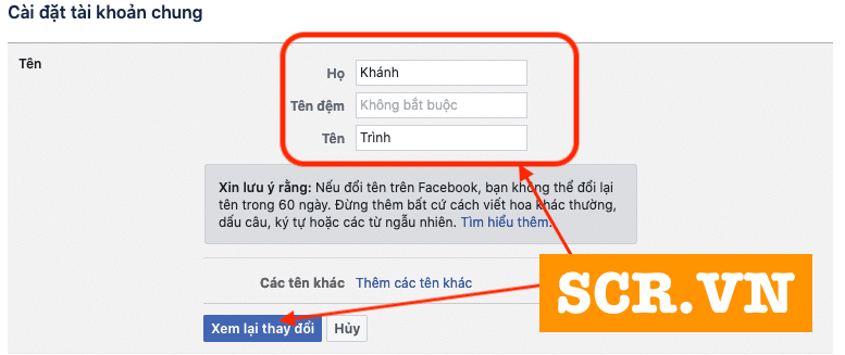 Thông tin cần đổi tên faecbook trên máy tính