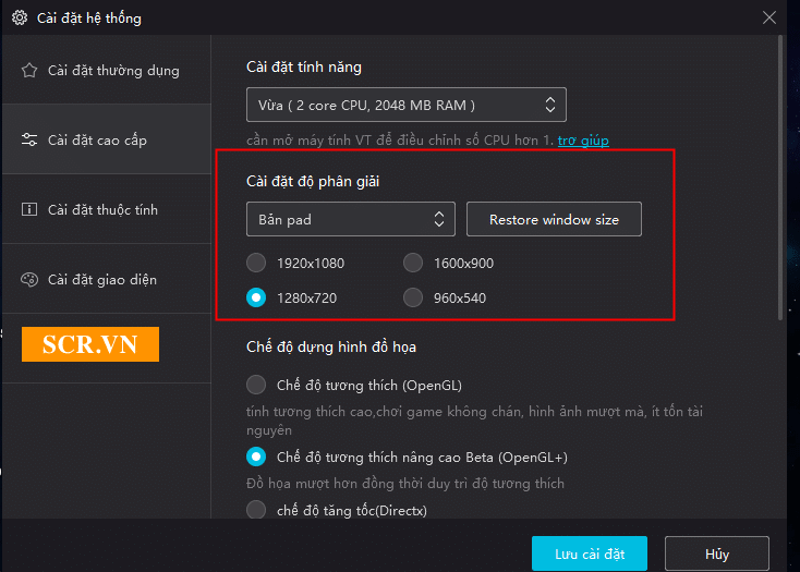 Chọn độ phân giải 1280 x 720
