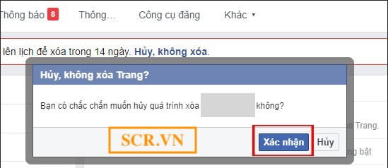 Xác nhận huỷ xoá fanpage