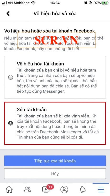 Xóa tài khoản trên điện thoại