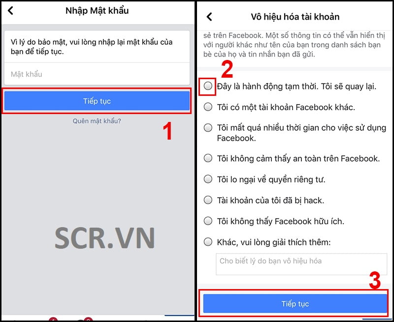 Chọn lý do vô hiệu hóa tài khoản