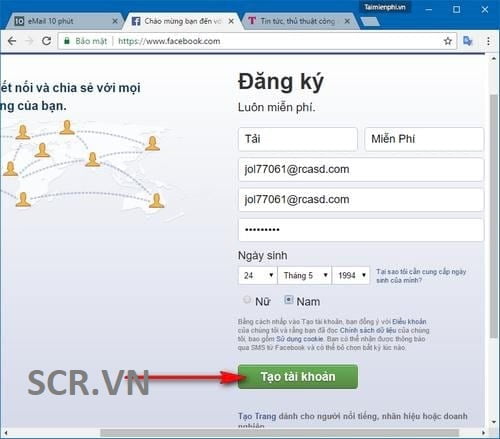 Tạo tài khoản Facebook với email mà các bạn vừa nhận được