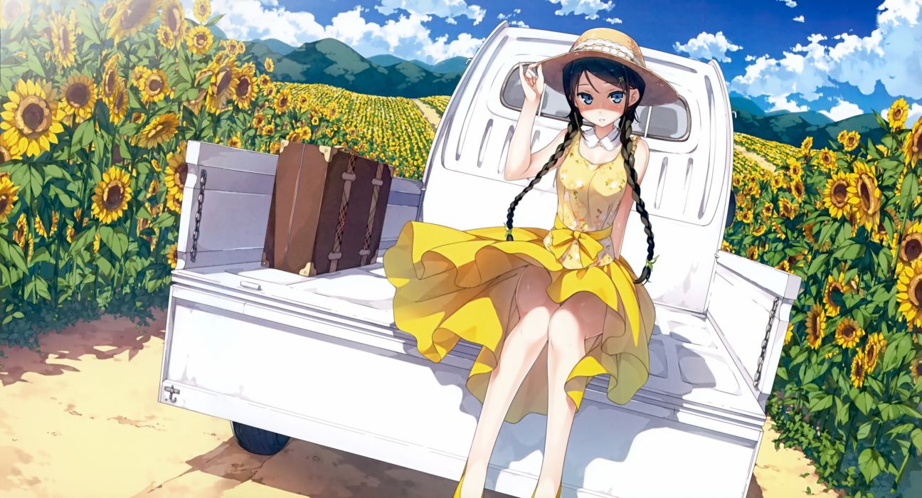 Hình ảnh cô bé và đồng hoa hướng dương Anime