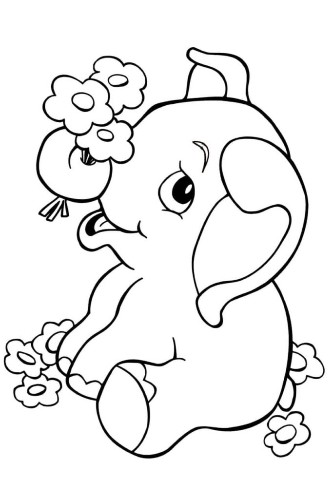 hình tô màu con voi bên hoa