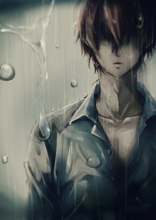 Hình ảnh anime đứng khóc dưới mưa đau buồn và lạc lõng