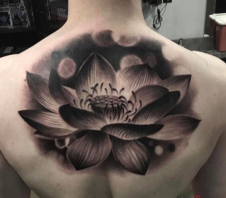 Hình tattoo hoa sen đen trắng ở ngay lưng