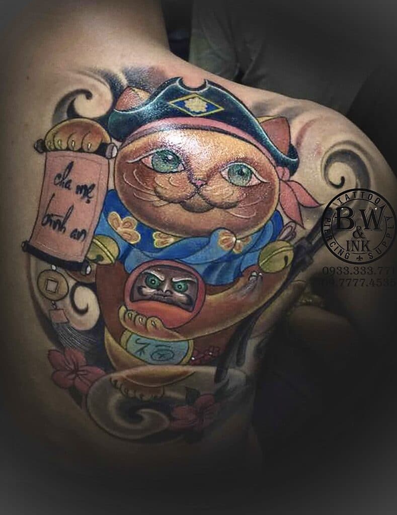 Hình tattoo mèo thần tài đẹp trên lưng