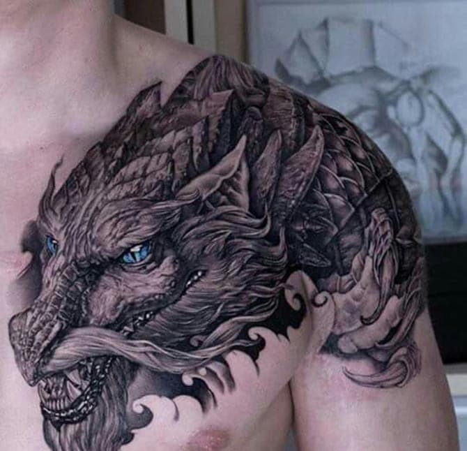 Kiểu tattoo hình rồng vắt vai đen trắng xuất sắc