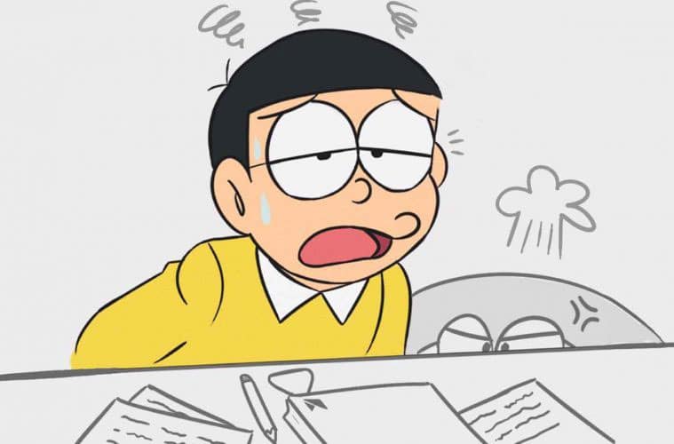 Nobita buồn chán nản khi học hành