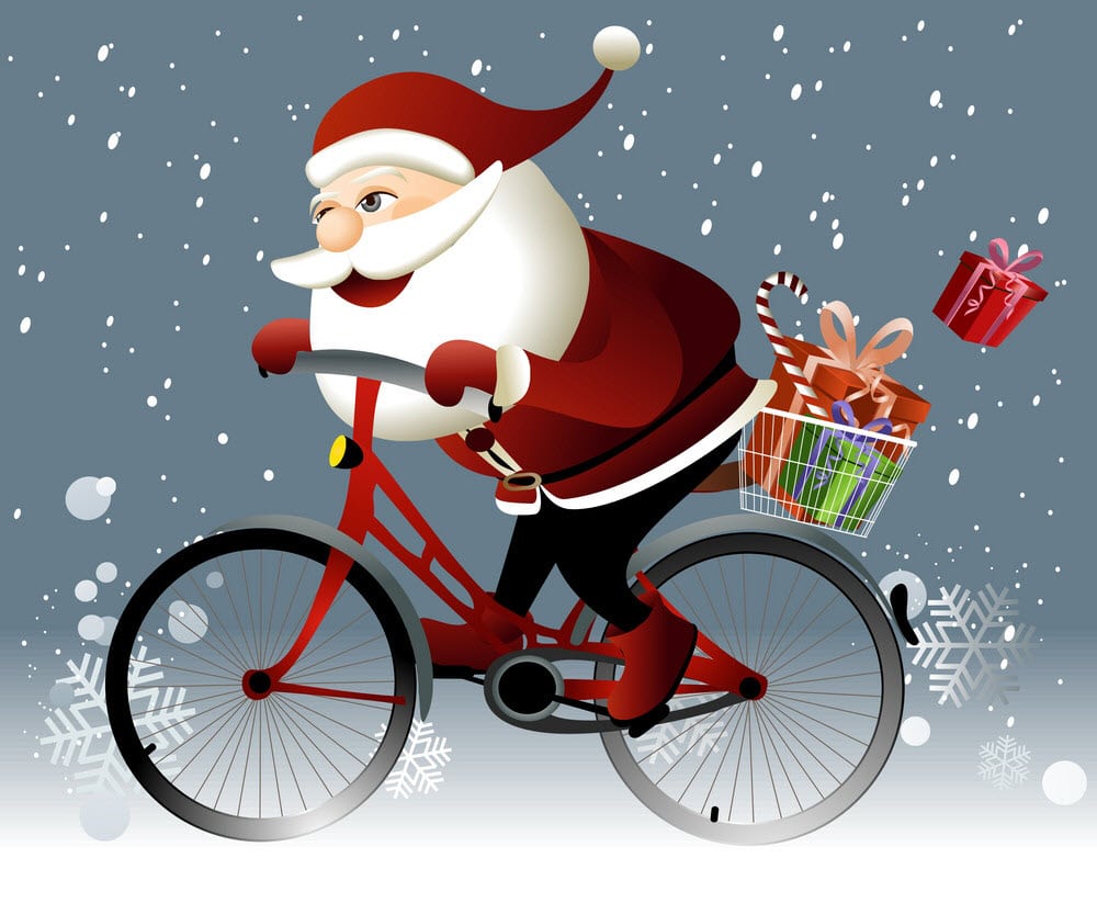 Ông già Noel đạp xe đạp đi tặng quà