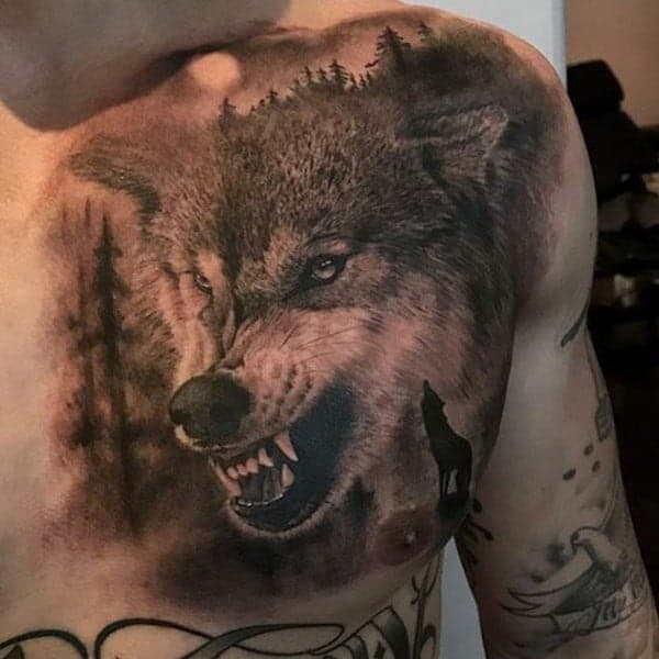 Tattoo chó sói xám ở ngực nam chất nhất