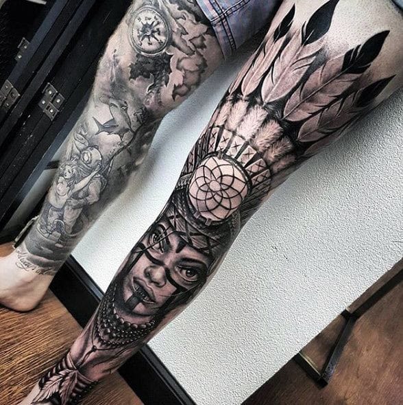 Tattoo full chân ngầu với hình tượng cô gái thổ dân