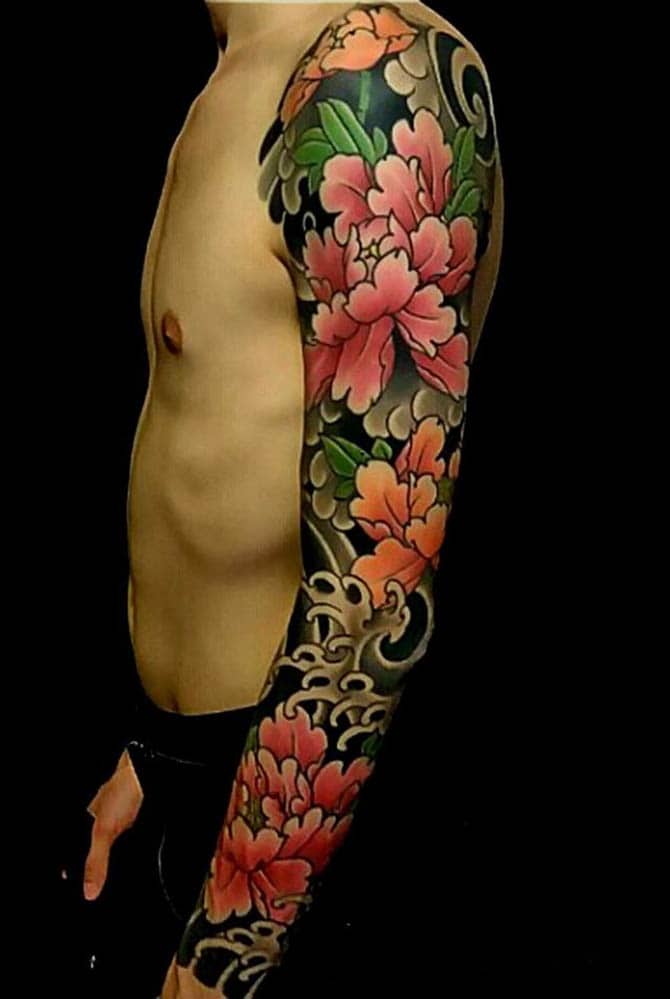 Tattoo hoa mẫu đơn full tay ấn tượng