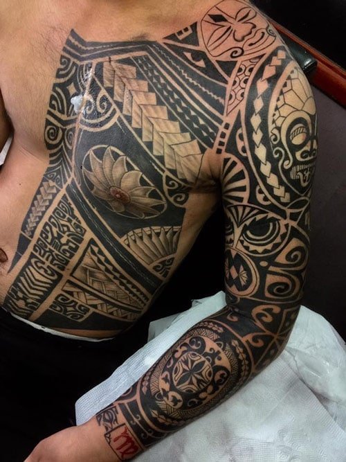 Tattoo hoa văn trống đồng truyền thống xăm full tay