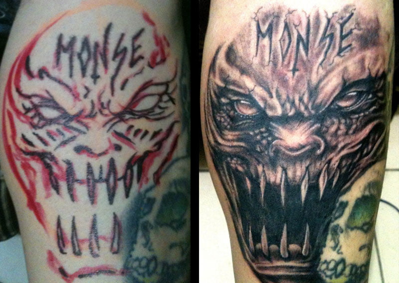 Tattoo mặt quỷ ở đùi nam