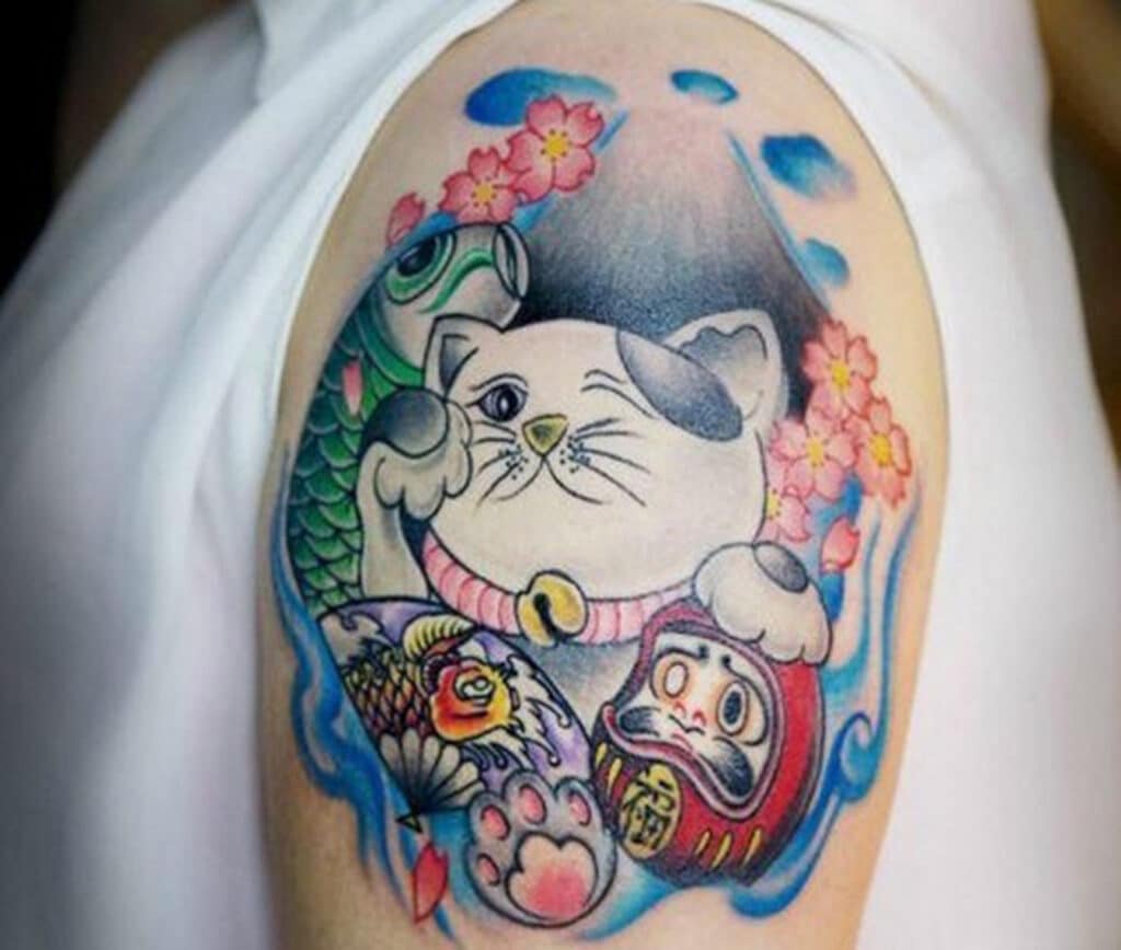 Tattoo xăm mèo thần tài con trai