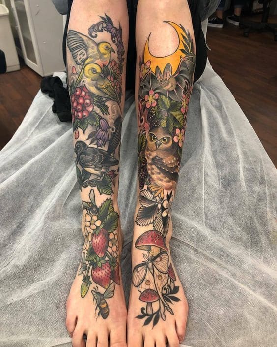 ảnh tattoo kín bắp chân chim và hoa cho con gái