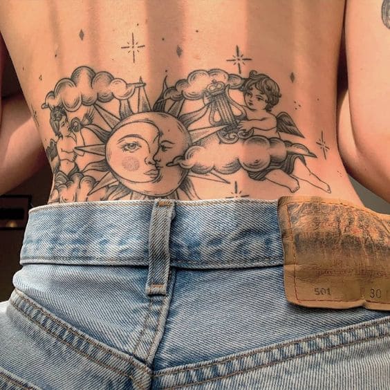 ảnh tattoo mặt trăng ôm mặt trời sau lưng con gái