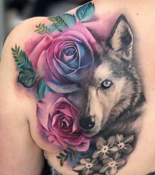 hình ảnh xăm tattoo sói ngắm hoa hồng