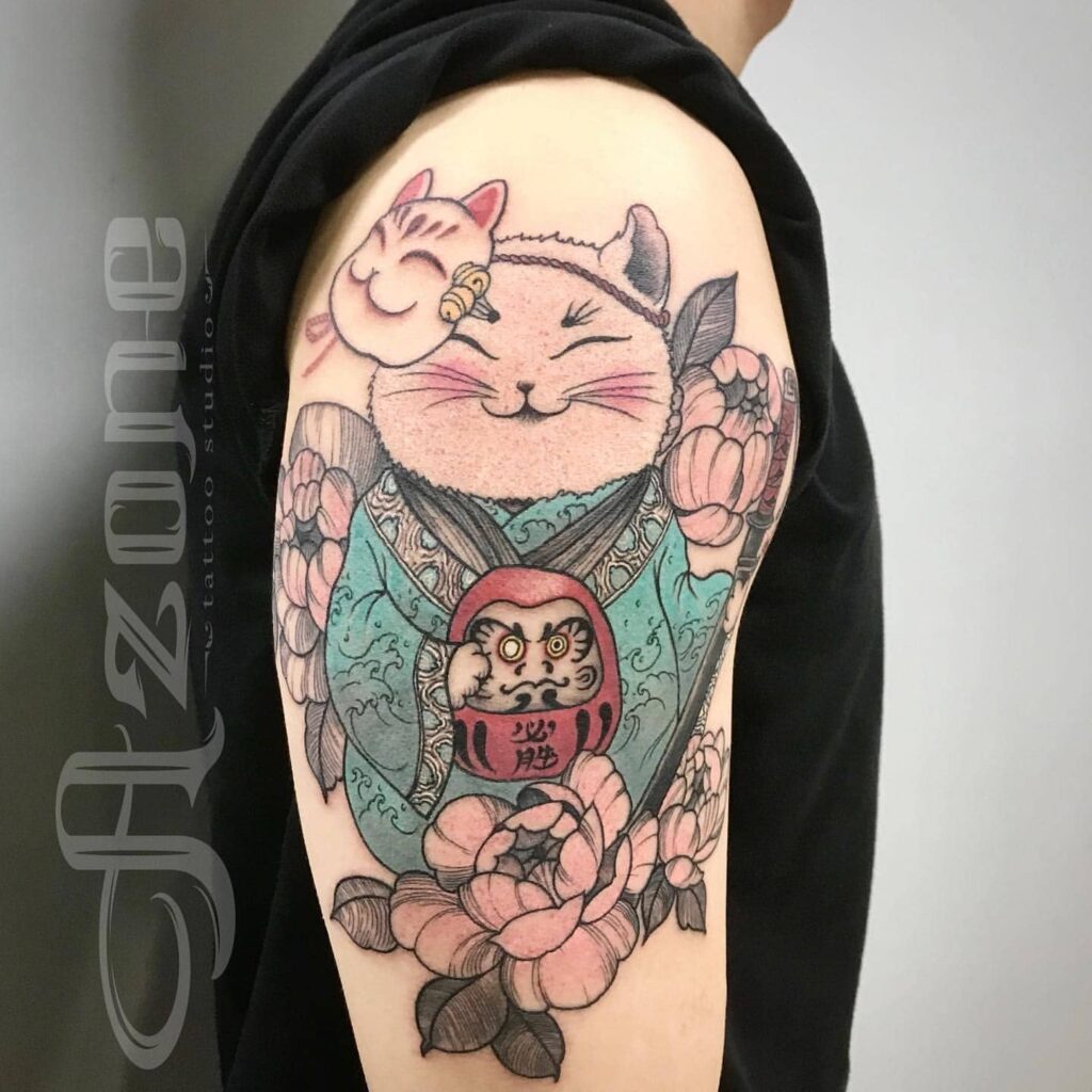 hình tattoo mèo thần tài và Daruma cực ngầu