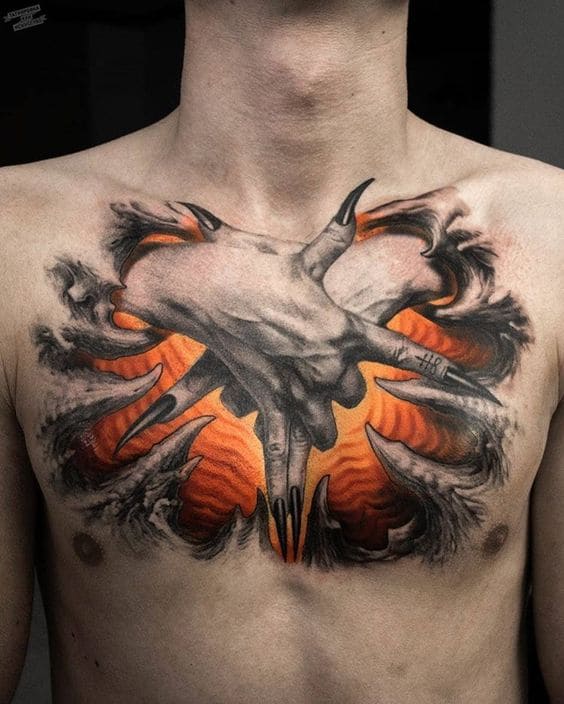 mẫu tattoo 3d kinh dị ở ngực cho nam