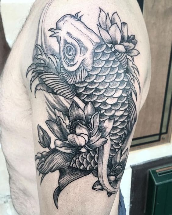 mẫu tattoo cá chép hoa sen trắng đen đẹp cho nam