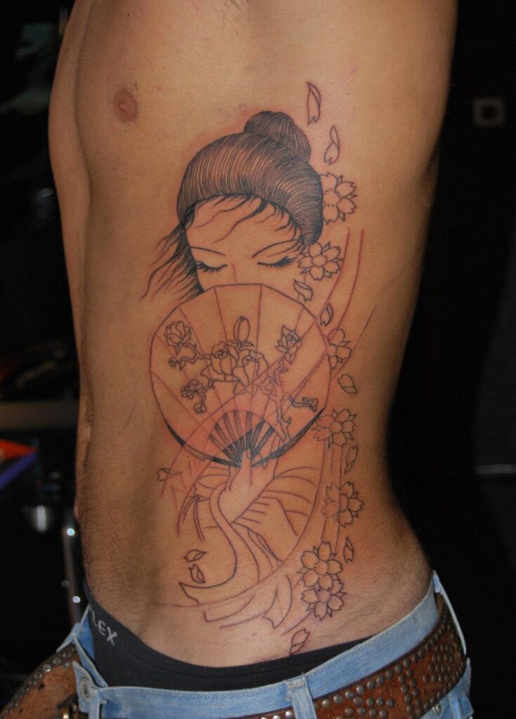 mẫu tattoo cô gái trung hoa đơn giản ở bụng nam