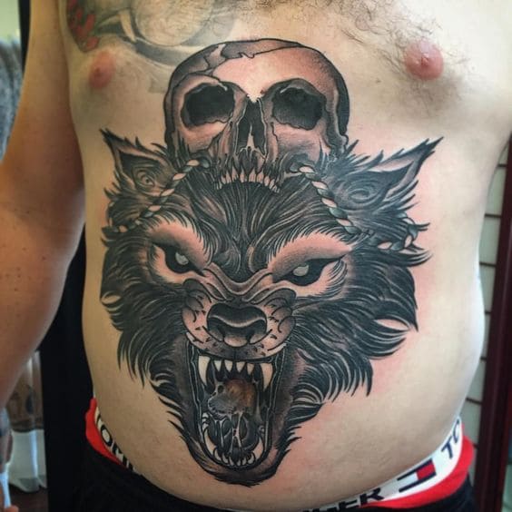 mẫu tattoo đầu sói ở bụng cho nam