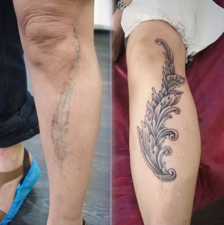 mẫu tattoo hình chiếc lá che sẹo ở chân