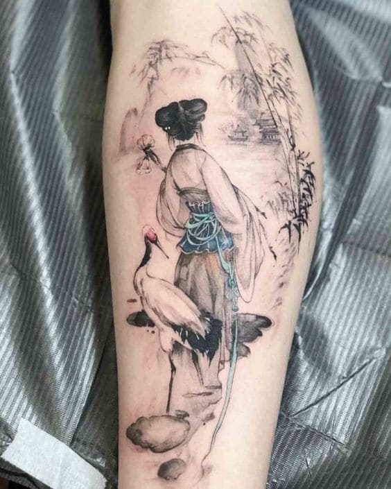 mẫu tattoo hình cô gái ở bắp chân nữ