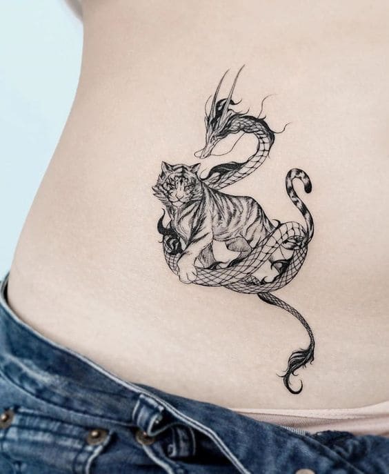 mẫu tattoo rồng nước và hổ nhỏ