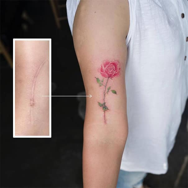 tattoo nhành hoa hồng che sẹo ở cánh tay cực dễ thương