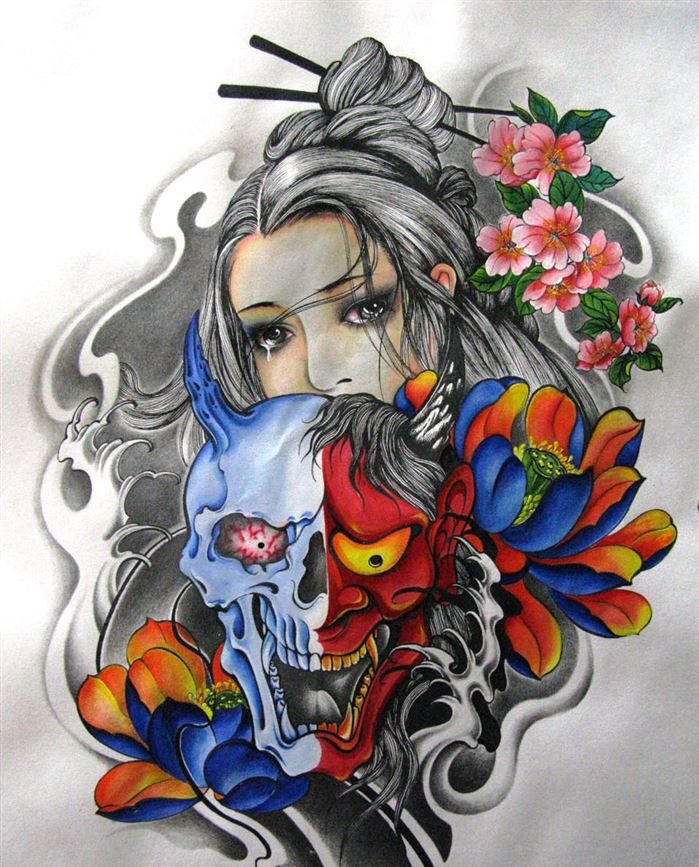 Hình tattoo Geisha mặt quỷ đẹp
