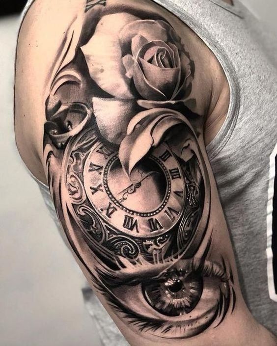 Hình tattoo đồng hồ hoa hồng cực ý nghĩa ở bắp tay nam
