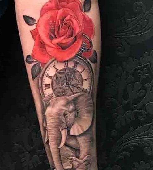 Hình tattoo hoa hồng đồng hồ trên cánh tay đẹp