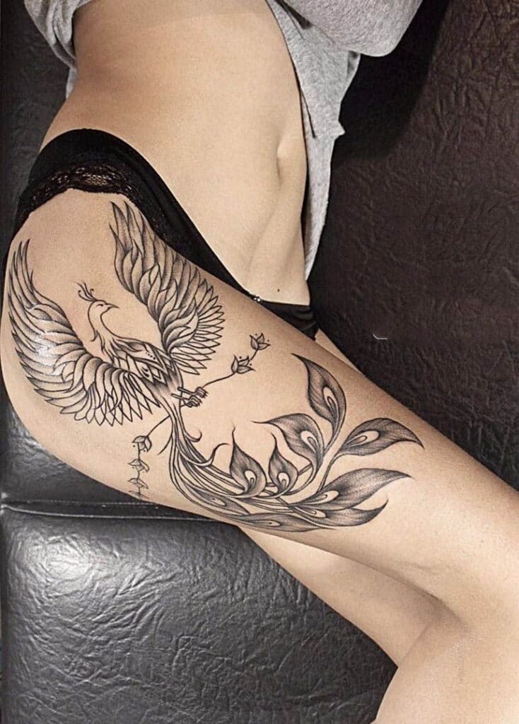 Hình tattoo phượng hoàng đen trắng gợi cảm cho nữ