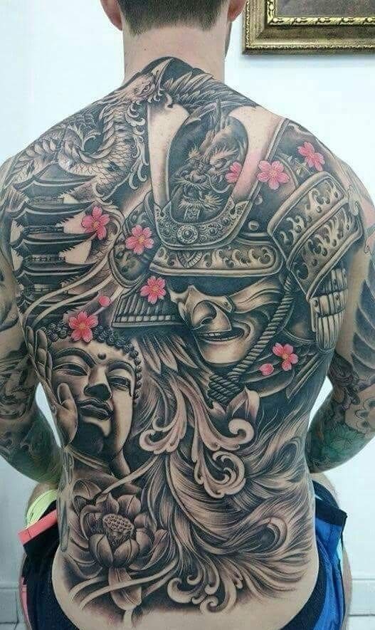Hình tattoo samurai kín sống lưng tuyệt sắc