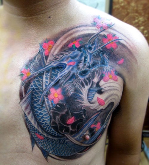 Tattoo cá chép hóa rồng màu xanh khiến phái mạnh say mê