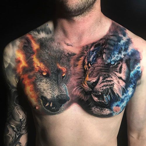 Tattoo hổ và sói nghệ thuật full ngực cho nam