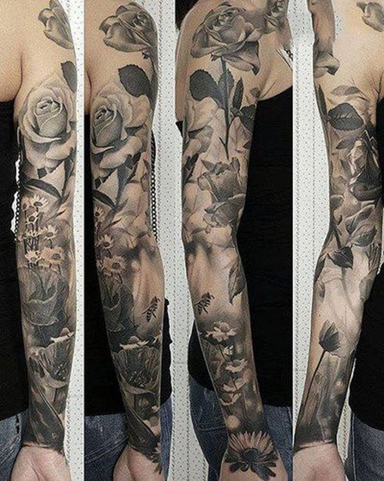 Tattoo hoa hồng đen trắng kín tay thú vị và thu hút