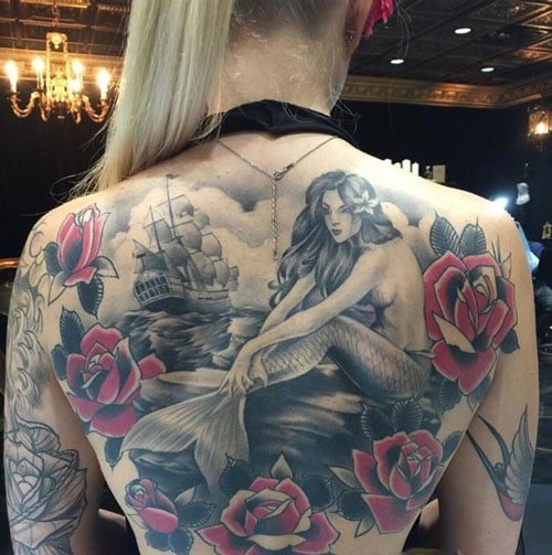 Tattoo nàng tiên cá và hoa hồng đẹp