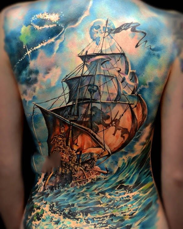 Tattoo thuyền buồm và biển cả 3d hút hồn