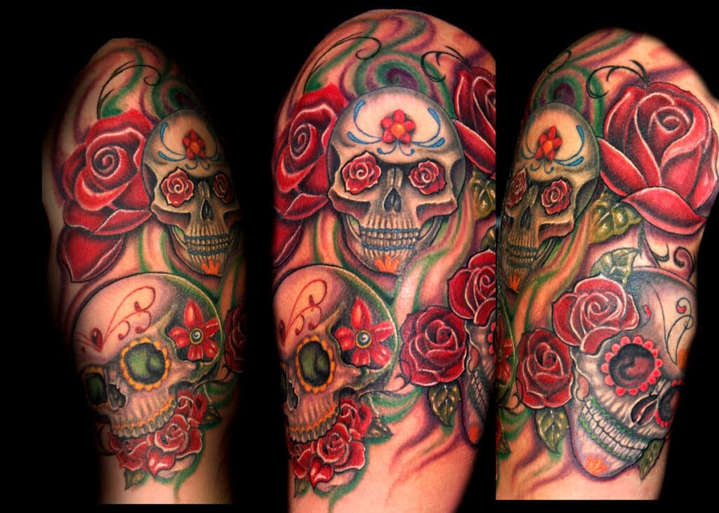 Tattoo xăm đầu lâu hoa hồng ở tay độc lạ