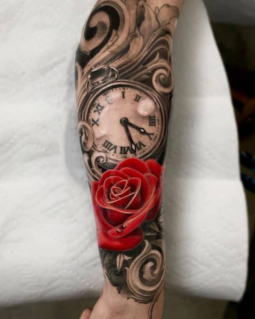 Xăm tattoo hoa hồng đồng hồ trên tay