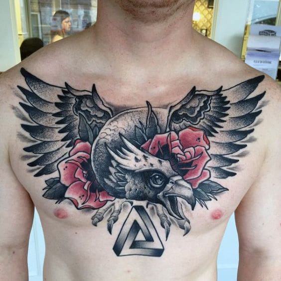 mẫu hình tattoo hoa hồng và chim đại bàng đẹp ở ngực nam