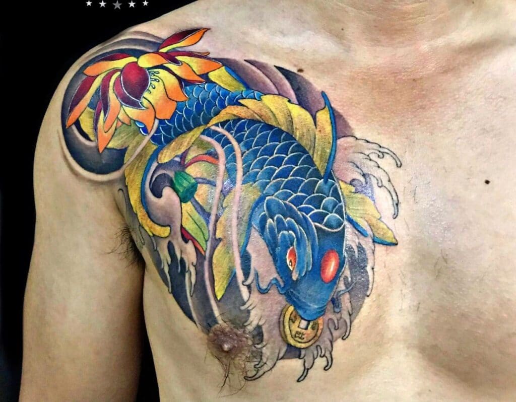 mẫu tattoo cá chép ngậm đồng xu đẹp