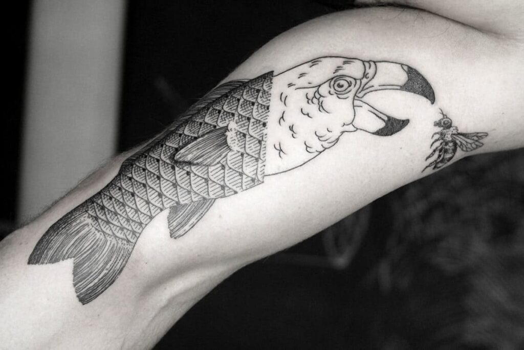 mẫu tattoo đầu chim đuôi cá hài hước đẹp trên bắp tay