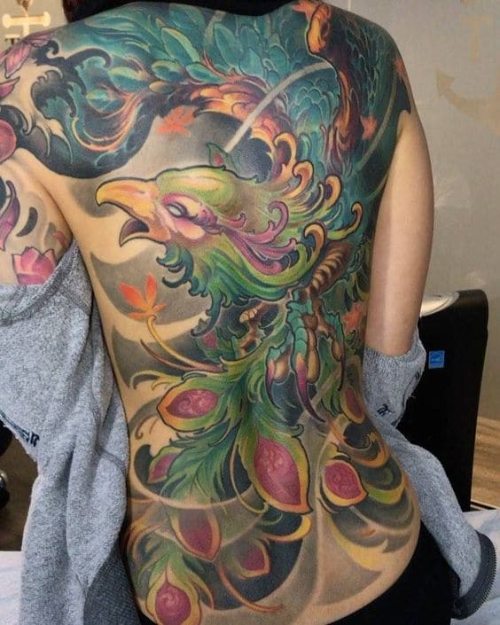 mẫu tattoo tứ linh hình chim phượng hoàng kín lưng đầy màu sắc